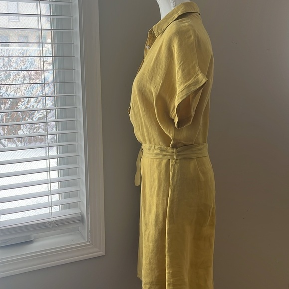 Marisa & Marie Linen Yellow Short Sleeve Mid Length Dress with Waist String - Picture 4 of 9